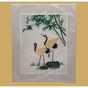 Wheat Stalk On Silk Hand Cut & Painted Asian Picture Birds 9x11 Art No HE36.4